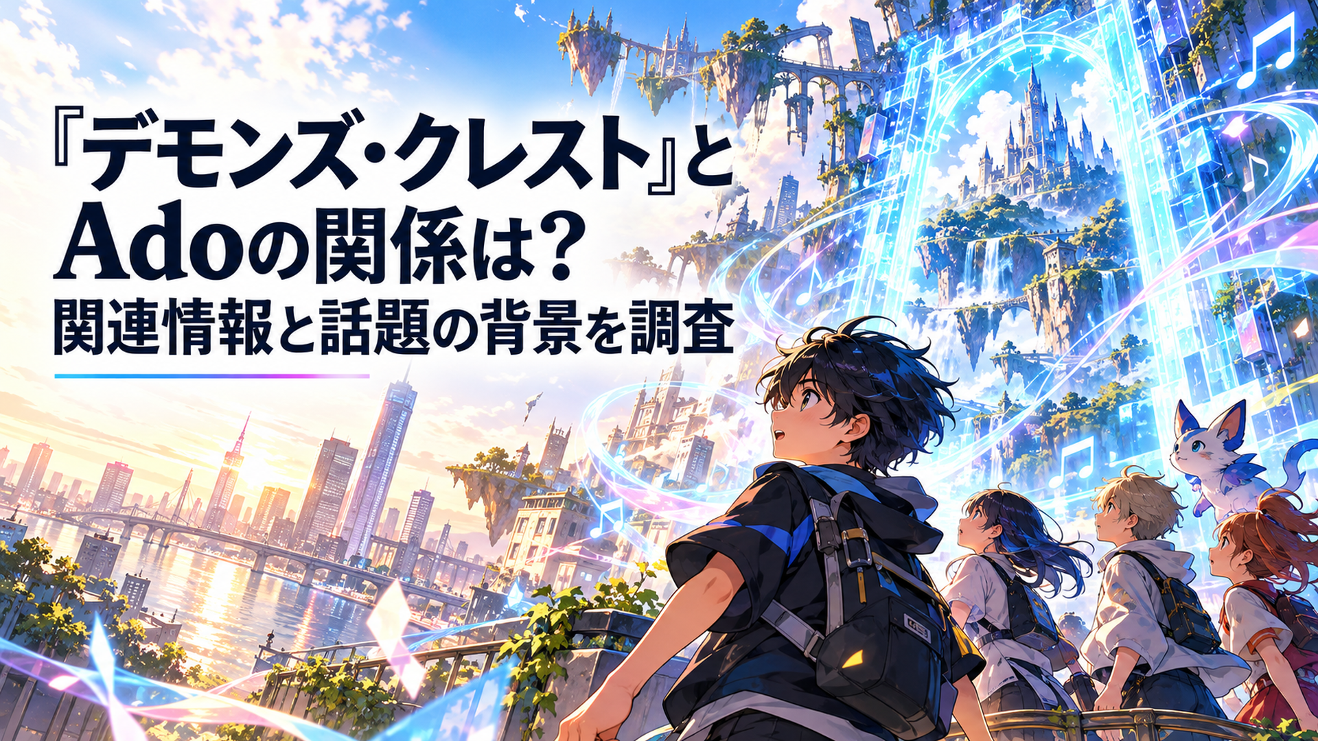 明るく幻想的な近未来のゲーム世界と現実の街並みが交差する空間で、黒髪の小学生の少年と仲間たちが青白く輝くデジタルゲートを見つめる場面。周囲には力強い歌声を象徴する鮮やかな光の波紋が広がり、現実と仮想世界の融合、未知の世界へ踏み出す決意を表現した高品質アニメ風イラスト。公式ビジュア