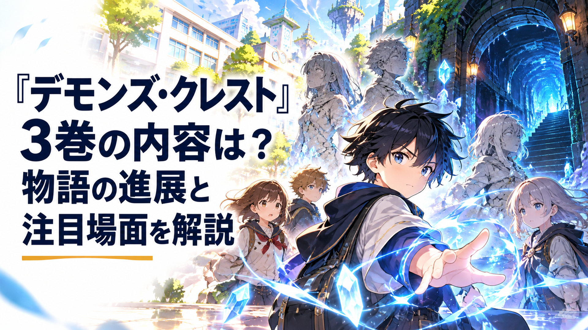 明るい近未来の小学校と幻想的なゲーム世界が融合した空間で、黒髪の小学生の少年が仲間たちと向き合う場面。青白い魔法の光、石化した仲間のシルエット、地下へ続く不思議な通路を配置し、裏切りと覚醒を象徴する高品質なオリジナルアニメ風イラスト