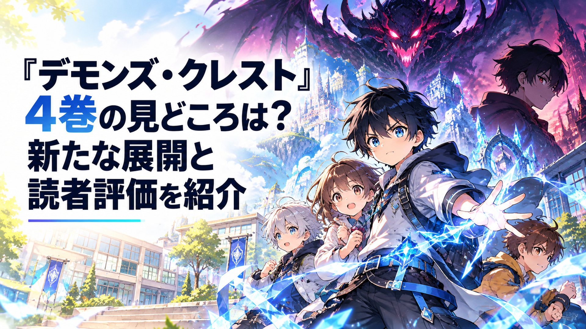 明るい近未来の小学校と幻想的なゲーム世界が融合した空間で、黒髪の小学生の少年が仲間を守るように立つ場面。右奥には裏切りを象徴する不穏な少年のシルエット、背後には巨大な悪魔の影が浮かぶ。青白い魔法の光と鮮やかな色彩で友情、対立、覚醒を表現した高品質オリジナルアニメ風イラスト