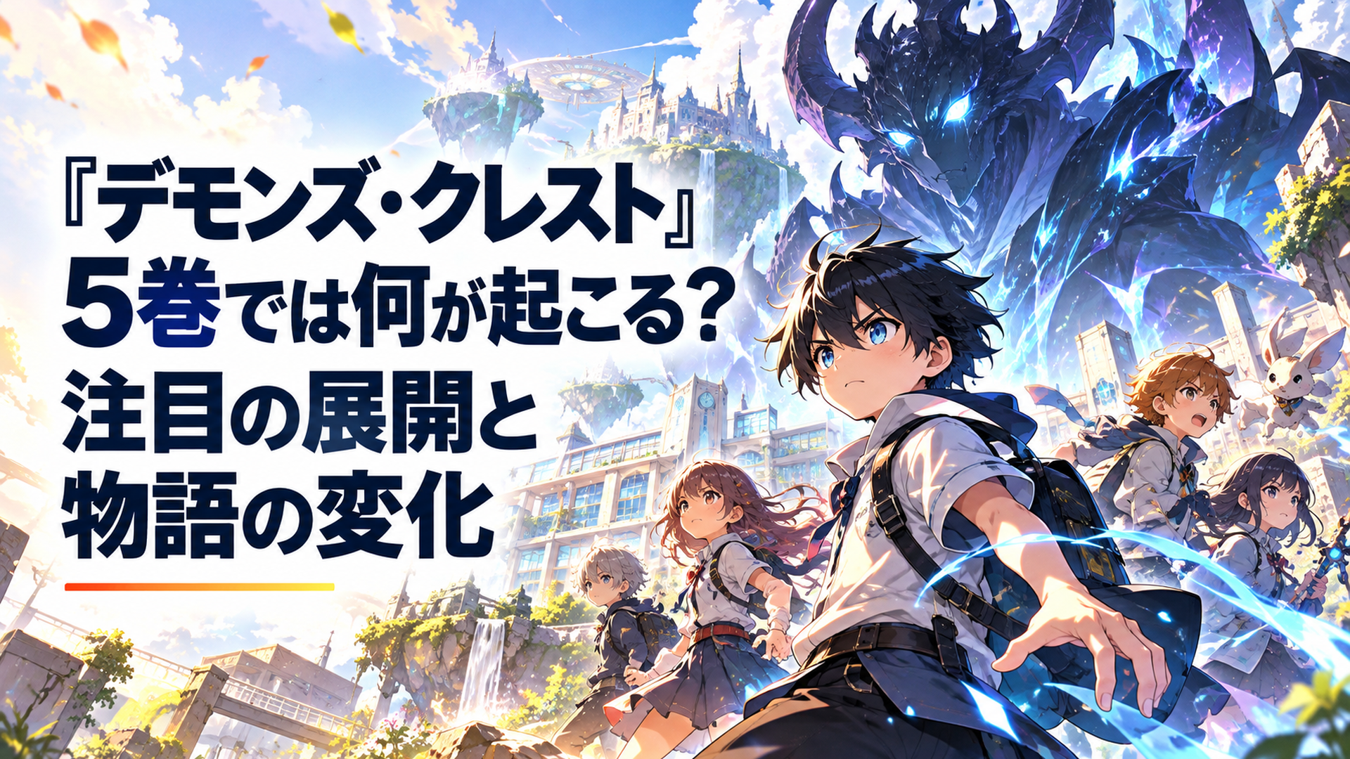 明るい幻想的な異世界と近未来の小学校が融合した空間で、黒髪の小学生の少年と仲間たちが青白く輝く巨大な悪魔のシルエットに立ち向かう。左側に余白を設け、未知の続編への期待と緊張感を表現した高品質オリジナルアニメ風イラスト