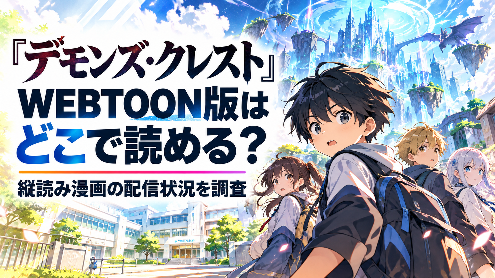 明るい近未来の小学校と青白く輝く幻想的なゲーム世界を背景に、黒髪の小学生の少年と仲間たちが異変に気づいて振り返る。左側に「デモンズ・クレスト WEBTOON版はどこで読める？」という大きな日本語見出しを配置。全体を明るい色彩でまとめた横長16対9の高品質オリジナルアニメ風ブログア