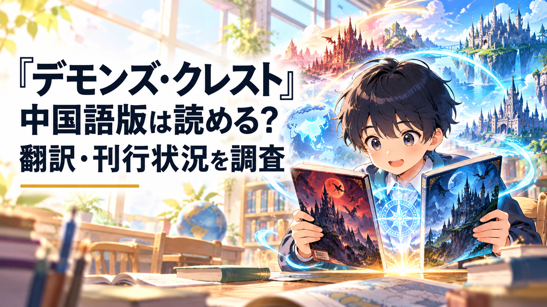 明るい近未来の小学校図書室で、日本語版と繁体字中国語版をイメージした幻想的な小説を並べて見つめる黒髪の小学生の少年。青白い魔法の紋章と仮想世界の光が本の周囲に広がり、物語が異なる言語へ届けられる様子を鮮やかな色彩で描いた高品質オリジナルアニメ風イラスト