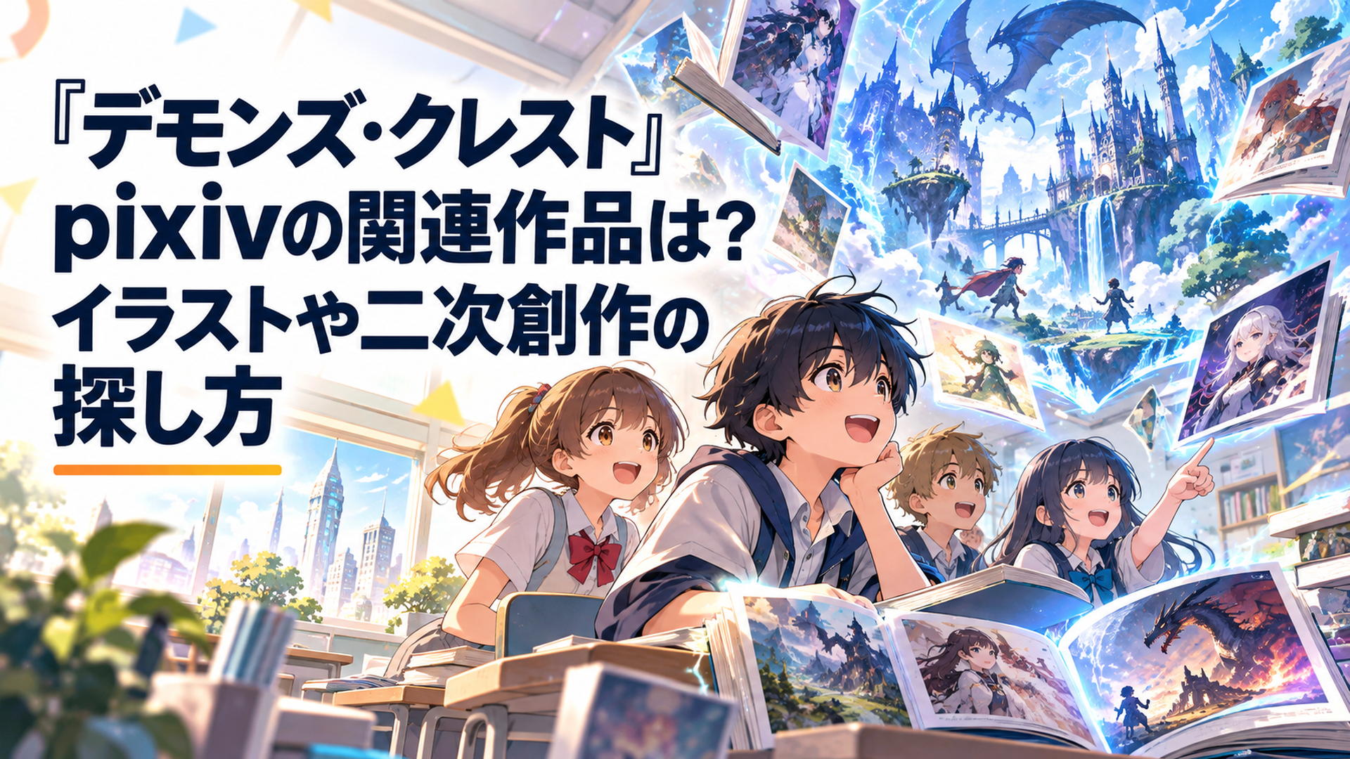 明るい近未来の小学校教室で黒髪の少年と仲間たちが青白く輝く幻想的なゲーム世界を見つめる。周囲には美しい創作イラストや小説を象徴する本が浮かび、ファンアートを探す楽しさと現実世界と仮想世界の融合を表現した鮮やかなオリジナルアニメ風イラスト