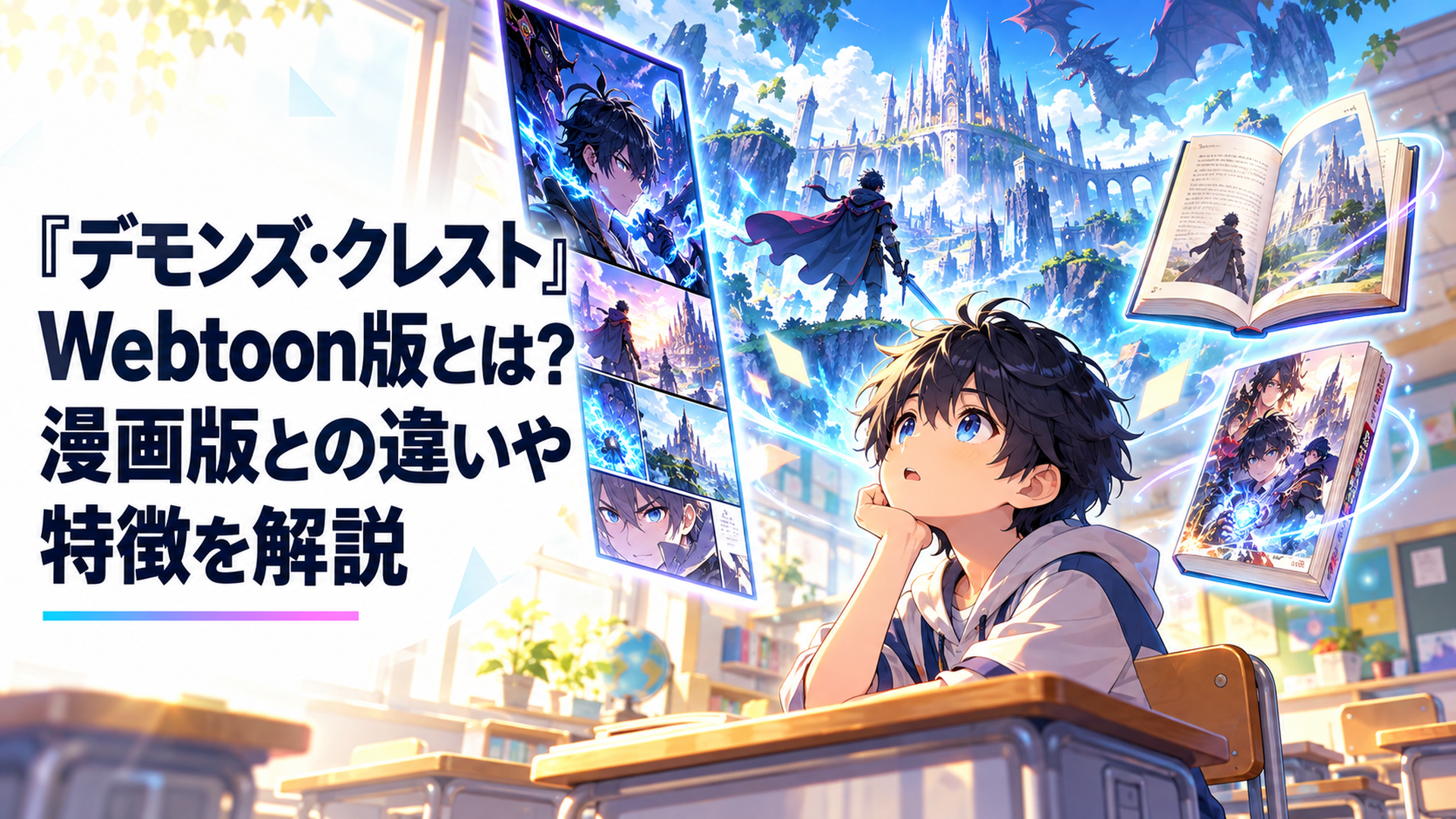 明るい近未来の小学校教室で、黒髪の小学生の少年が青白く輝く幻想的なゲーム世界を見つめている。左側には縦長のフルカラー漫画画面、右側には小説と漫画単行本が浮かび、現実と仮想世界の融合、三つの読書形式の違いを表現した鮮やかな高品質オリジナルアニメ風イラスト
