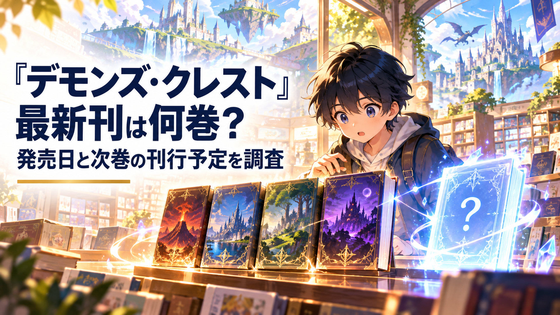 明るい近未来の書店で、黒髪の小学生の少年が幻想的な魔法の光に包まれた4冊の小説を見つめている。隣には未発表の次巻を象徴する青白い光が浮かび、背景には現実とゲーム世界が融合した幻想的な風景が広がる。最新刊と第5巻への期待を表現した鮮やかな高品質オリジナルアニメ風イラスト