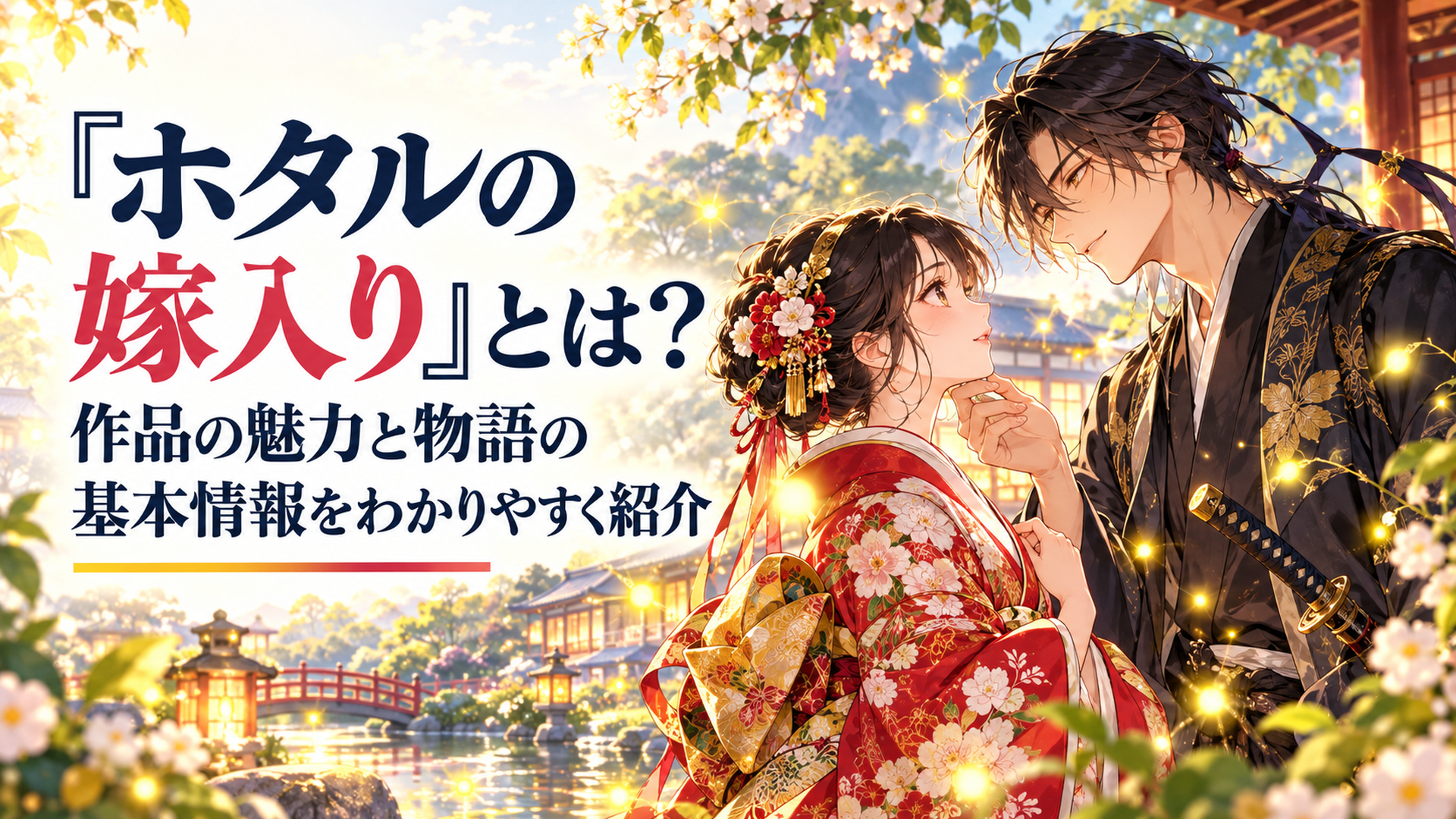 明治時代の美しい日本庭園を舞台に、華やかな着物姿の黒髪の若い伯爵令嬢と、柔らかな笑顔の奥に危険な雰囲気を秘めた青年剣士が向かい合う。二人の間には無数の黄金色の蛍が舞い、儚い恋と運命的な出会いを表現する。明るい背景、繊細な表情、鮮やかな色彩の高品質オリジナルアニメ風イラスト