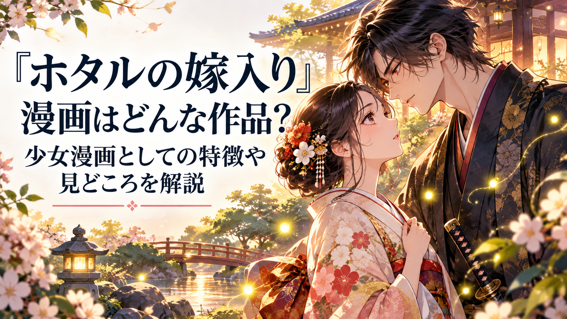 明治時代の幻想的な日本庭園を背景に、上品な着物姿の黒髪の若い令嬢と、どこか危険な雰囲気を漂わせる青年が向かい合っている。二人の間には淡い黄金色の蛍が舞い、切ない恋と緊張感が共存する鮮やかな高品質オリジナルアニメ風イラスト