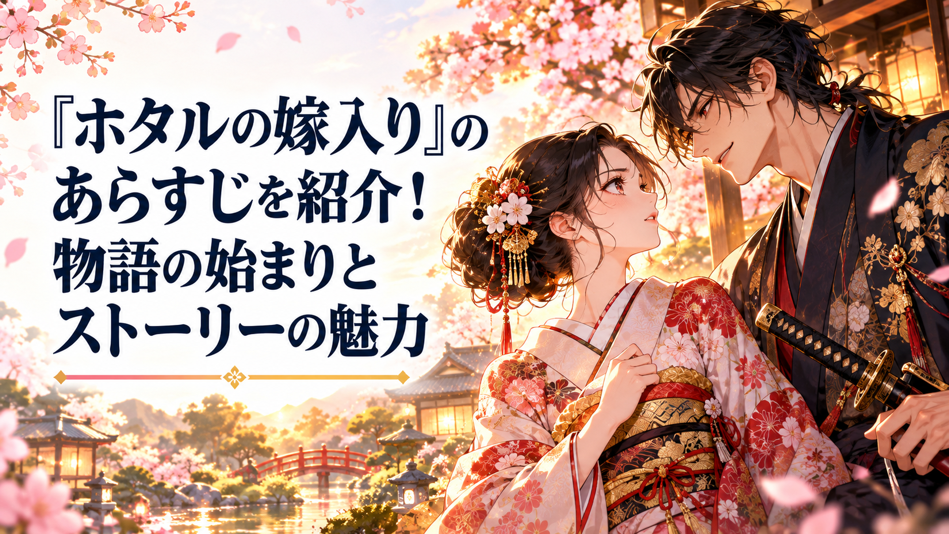 明治時代の幻想的な日本庭園。上品な着物をまとった黒髪の若い伯爵令嬢と、刀を携えた黒髪の青年が向かい合う。青年は穏やかでありながら危うさを感じさせる笑顔を浮かべ、令嬢は戸惑いと強い意志が入り混じった表情を見せる。桜色と黄金色の光が二人を包み、華やかな恋愛と緊迫したサスペンスを表現す