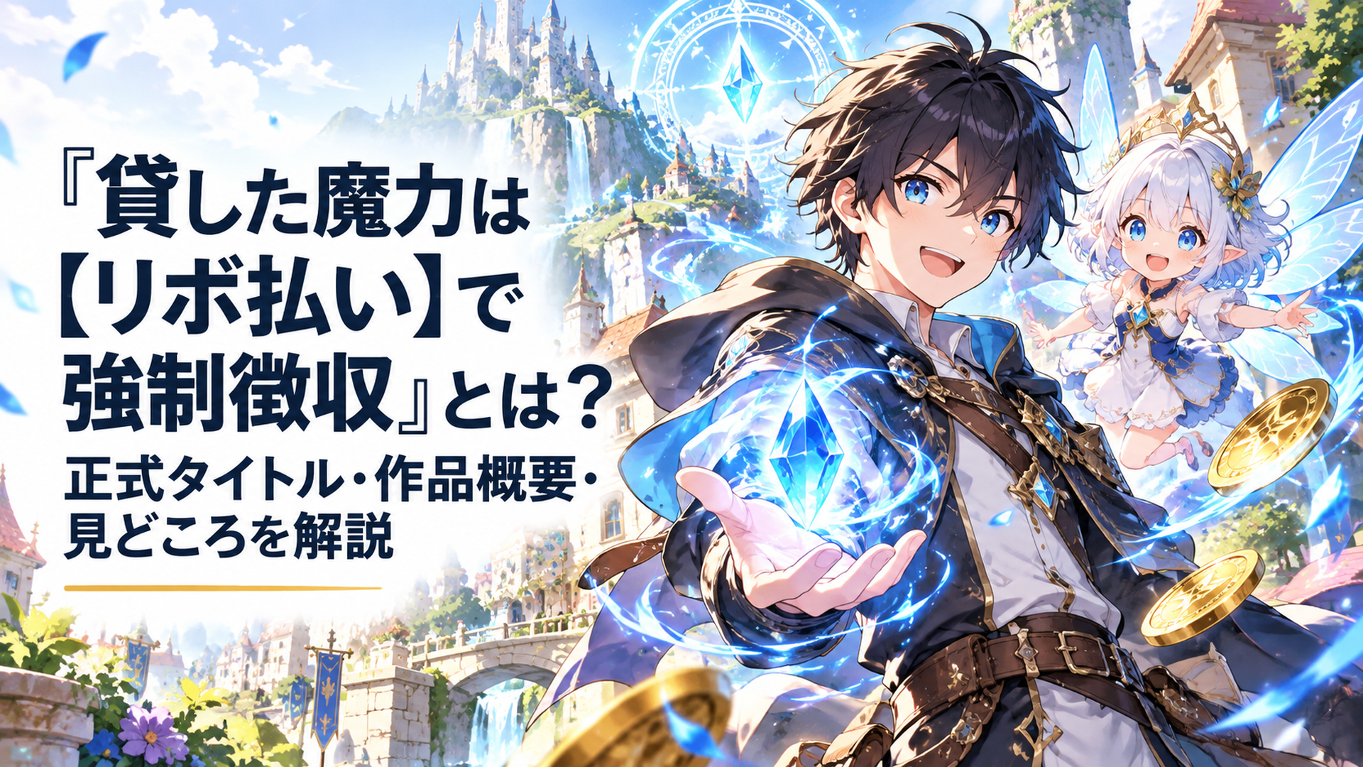 明るい異世界ファンタジーの街並みを背景に、青い魔力を手にした少年冒険者と小さなサポート妖精が並ぶ。背後には幻想的な魔法陣と輝く魔力の粒子が広がり、魔力の貸与と回収を表現した鮮やかなオリジナルアニメ風イラスト