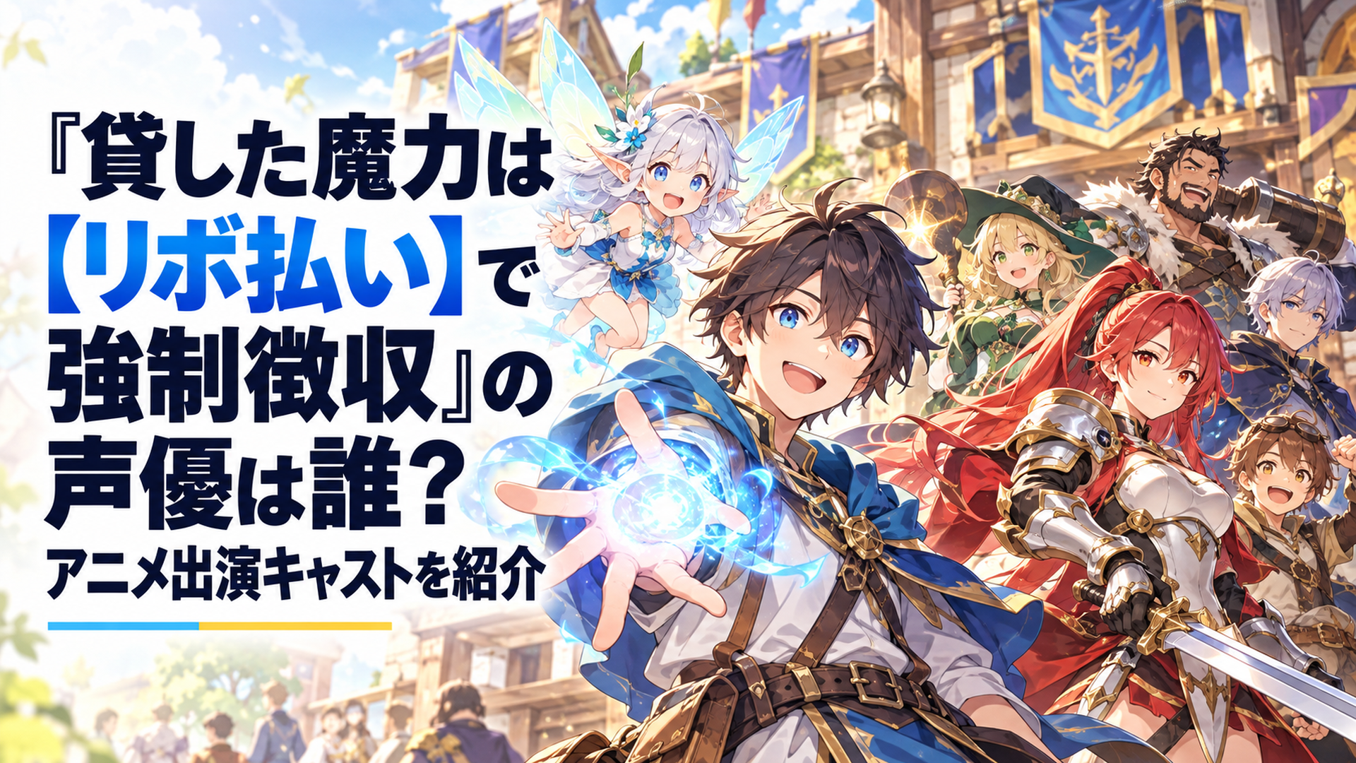 明るい異世界ファンタジーの冒険者ギルドを背景に、青く輝く魔力を操る心優しい少年冒険者と小さな妖精、凛々しい女性剣士、個性豊かな冒険者たちが集まった、華やかで躍動感のあるオリジナルアニメ風イラスト