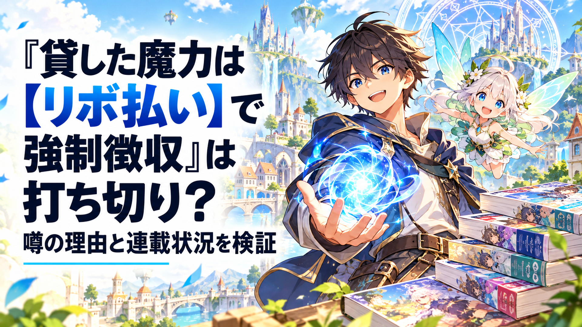 明るい異世界ファンタジーの街並みを背景に、青く輝く魔力を手にした少年冒険者と小さなサポート妖精が並ぶオリジナルアニメ風イラスト。背後には幻想的な魔法陣と積み重なったコミック本を配置し、作品の連載継続と新たな冒険を表現する爽やかな構図