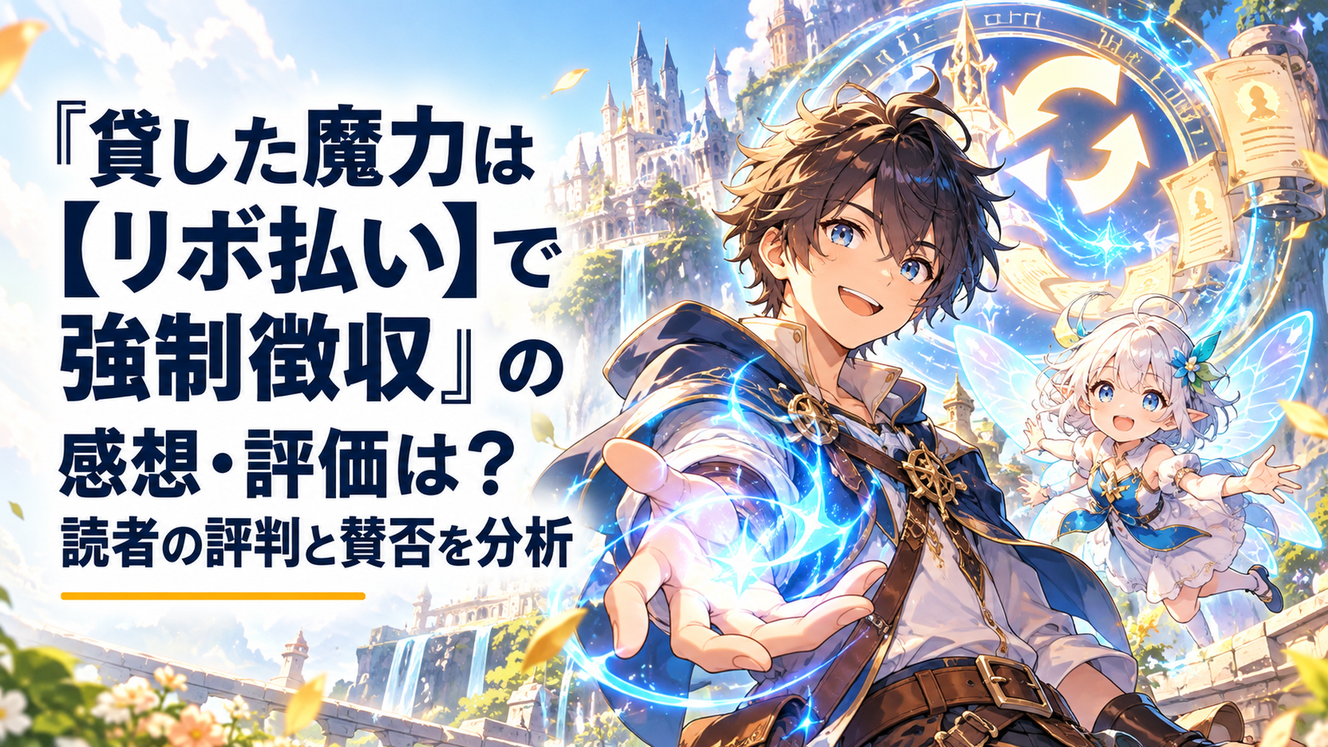 明るい異世界ファンタジーの世界で青く輝く魔力を操る心優しい少年冒険者と小さなサポート妖精が並び立つ。背後には魔力の貸与と強制徴収を象徴する幻想的な光の円環が浮かび、期待と賛否が交差する雰囲気を表現した高品質オリジナルアニメ風イラスト