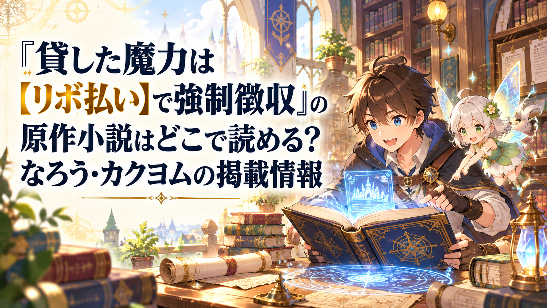 明るい異世界ファンタジーの冒険者ギルドにある図書室で、心優しい少年冒険者と小さなサポート妖精が魔法の書物や古い巻物を調べる場面。机には青く輝く魔法陣が浮かび、原作小説の記録を探す冒険を表現した高品質オリジナルアニメ風イラスト