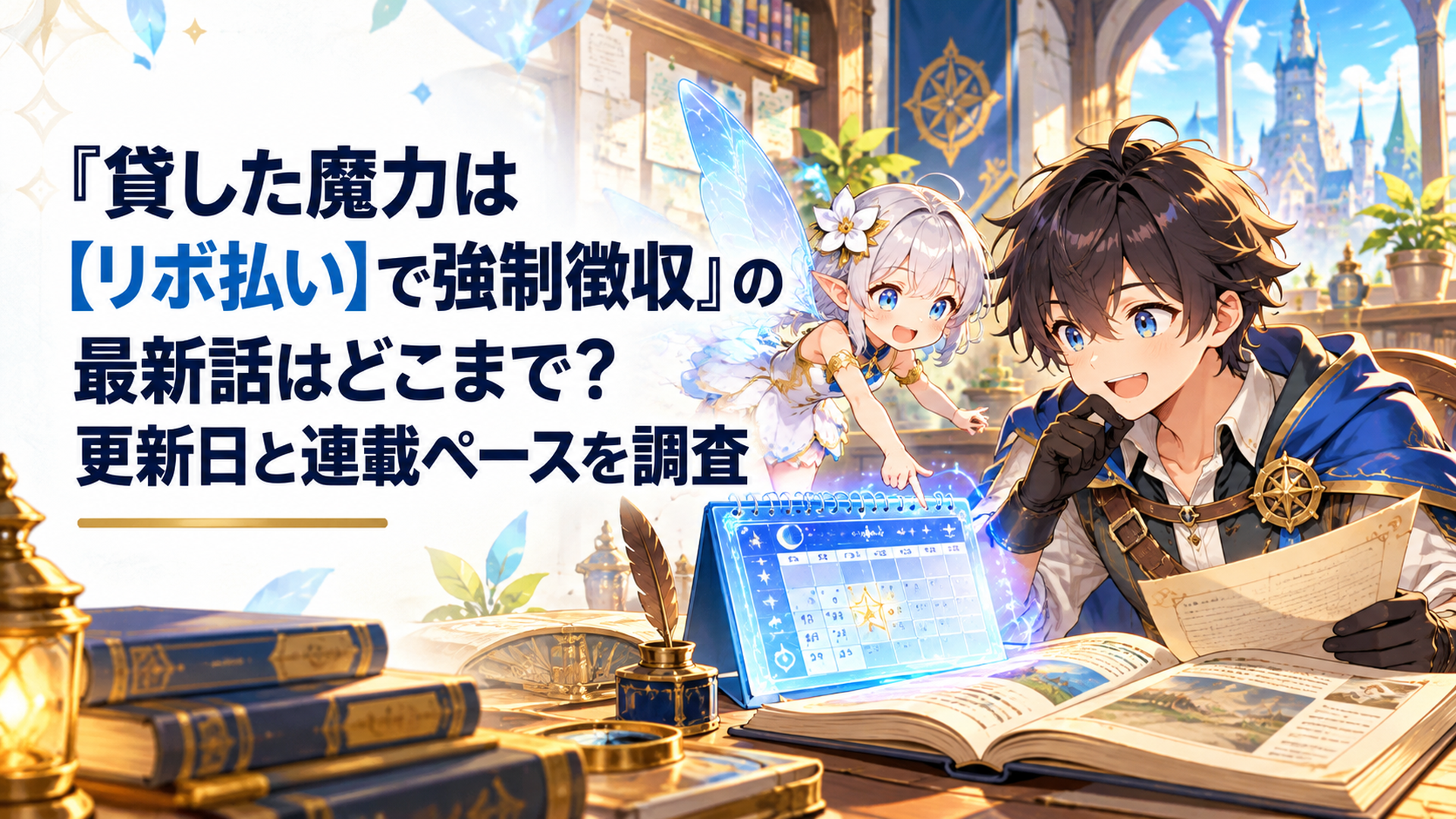 明るい異世界ファンタジーの冒険者ギルドの書斎で、少年冒険者レントと小さなサポート妖精エムピーをイメージしたオリジナルキャラクターが、青く輝く魔法のカレンダーと最新の冒険記録を確認している場面。爽やかな青と金色を基調にした、清潔感のある高品質アニメ風イラスト